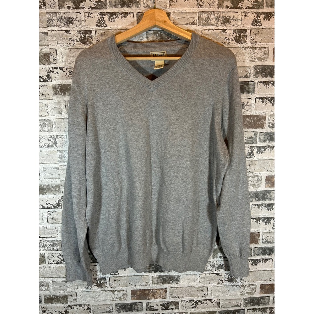 L.L. Bean V-Neck Sweater Mens Large Gray Excellent Cotton Cashmere Knit Pullover